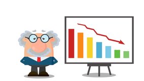 Professor Or Scientist Cartoon Character With Pointer Presenting A Falling Chart. 4K Animation Video Motion Graphics Without Background