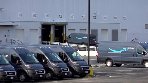 Amazon Prime truck arrives warehouse delivery facility, Revere Massachusetts USA, July 25, 2020