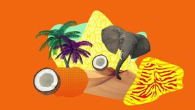 Stop motion animation. Concept elephant, coconuts and palm trees on a colorful background.
