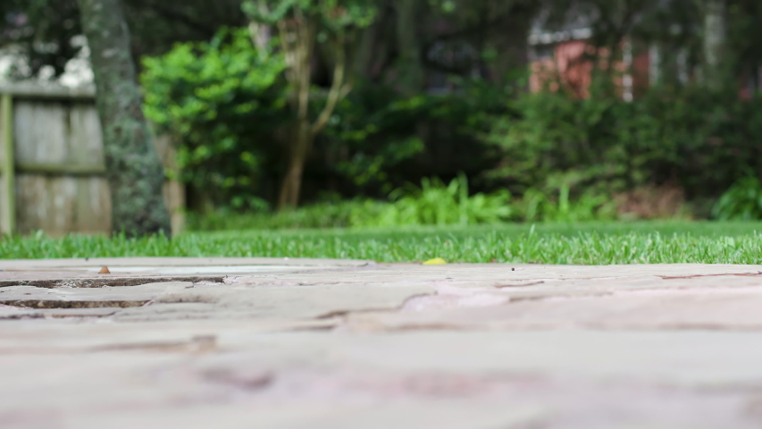 A closeup of of the wheels of a wheelchair as someone makes their way out on to an outdoor patio.