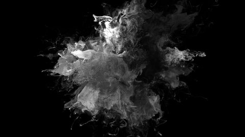 Smoke Burst - black powder gas explosion. Fluid ink particles slow motion alpha channel isolated on black 4k