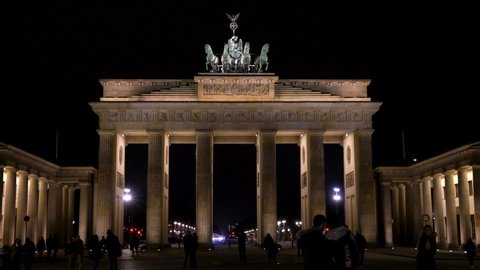 THE BRANDENBURG GATE, PARISER PLATZ, BERLIN, GERMANY – 15 FEBRUARY 2018, 4K Video clip of people at night by The Brandenburg Gate, Pariser Platz, Berlin, Germany