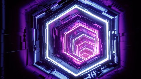 Flight in abstract sci-fi tunnel seamless loop. Futuristic VJ motion graphics for music video, EDM club concert, high tech background. Time warp portal, lightspeed hyperspace concept. 4k 3D animation