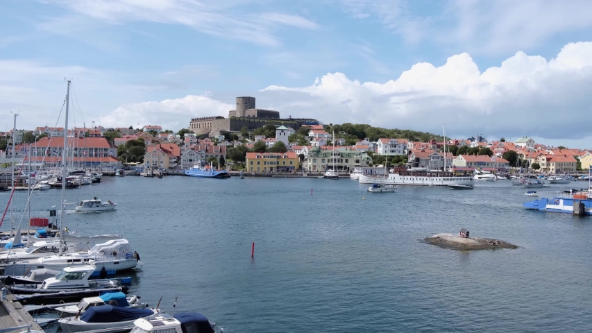 Swedish archipelago with boats and blue ocean at Marstrand bay Gothenburg 