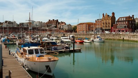 RAMSGATE, circa 2020 - Cinematic view of the port and marina of Ramsgate, a seaside town in the coast of Kent, England, UK