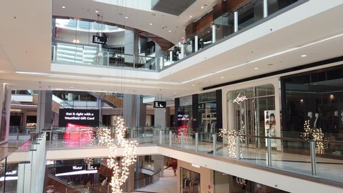 Chatswood, Sydney, Australia - Apr 2020:Empty shopping mall and closed shops, department store chain, store closure in Chatswood westfield during Covid-19 pandemic lockdown 