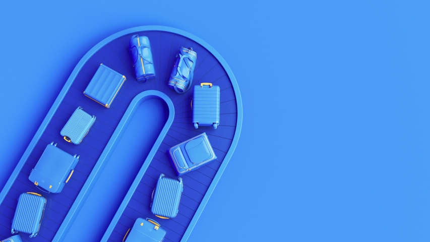 Blue luggage on conveyor belt. Baggage conveyor belt travel minimal  background concept. Blue pastel color minimalist mock up idea. Blue colored holidays suitcases animation.  Royalty-Free Stock Footage #1056632762