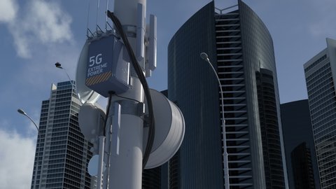 5G tower in metropolitan city, high-speed Internet connection, mobile network. Latest technology in telecommunications