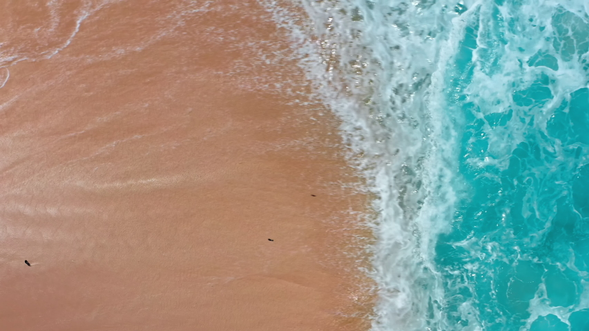 Aerial top view of ocean blue waves break on a beach. Sea waves and beautiful sand beach aerial view drone shot. Bird's eye view of ocean waves crashing against an empty sand beach from above. Royalty-Free Stock Footage #1056633812