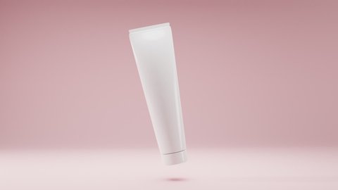 Cosmetic white package, plastic tube for bb-cream, scrub, tonic, toothpaste, body care. Realistic 3D model bottle on gently pink background slowly rotates in air for product design and advertising.
