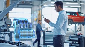 Car Service Manager Uses a Tablet Computer with a Futuristic Augmented Reality Diagnostics Software. Specialist Inspecting the V6 Internal Combustion Engine in Order to Find Broken Components. - Powered by Shutterstock - Get 15% off with code: PIKWIZARD15