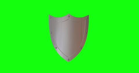 8 intro animations of metal or iron medieval shield. Concept of armor, security, safety, knight, protection, firewall, defense, prevention and safeguard.   Green screen and Chroma key 4k background.