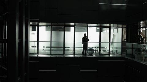 Silhouette of an young man that is talking at phone and walking inside the business building