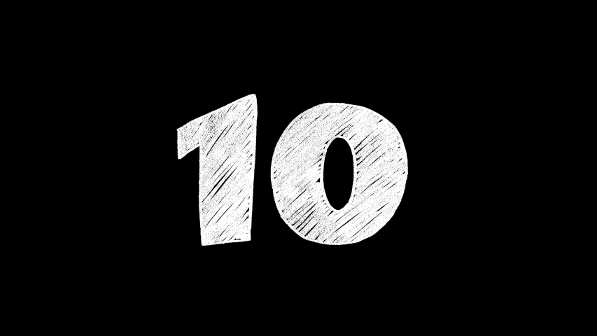 Animated countdown, hand drawn numbers ten to one on a transparent background