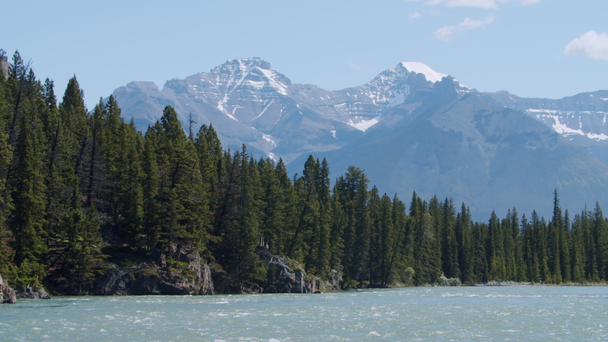 Mountain Scenery Along the Bow Falls in Banff National Park, Beautiful Large Canadian Waterfall Bow River