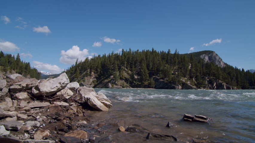 Rocky Riverside at Bow Falls in Banff National Park, Beautiful Large Canadian Waterfall Bow River
