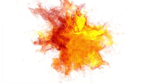 Color Burst - colorful orange yellow fire smoke powder explosion. Gas blast. Fluid ink particles slow motion alpha channel isolated on white