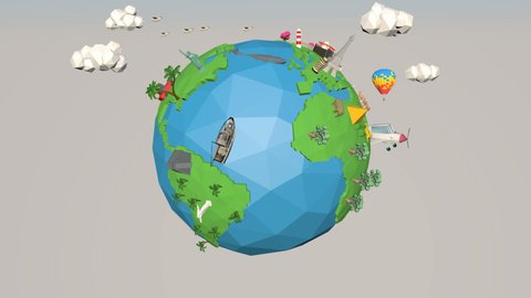 3D Cartoon low poly animation travel over the world,low poly earth rotating,world journey animation.