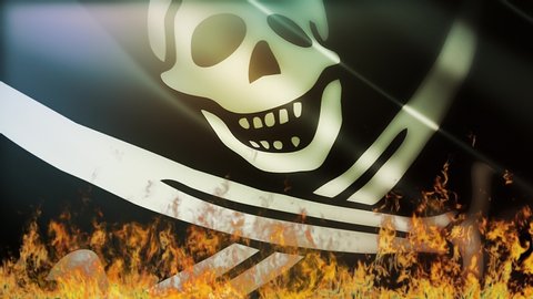 4k Burning Pirate flag Skull with flagpole waving in wind,fully digital rendering,The 3D animation loops at 20 seconds seamless loop background. 