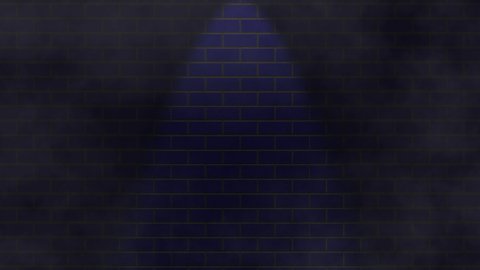 Empty brick wall with spotlight blue neon light, copy space. Lighting effect blue color glow on brick wall texture background. 4k stock footage of blank backgrounds. atmospheric smoke floating overlay