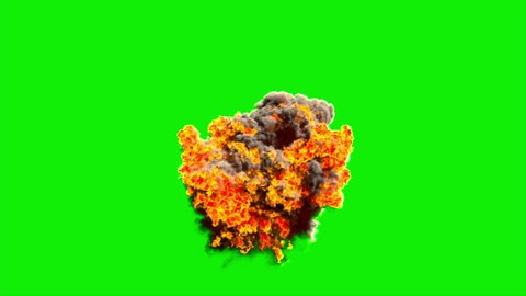 Bomb explosion and fire bang. Big explosion. explosion nuclear bomb. Isolated on green background. 
