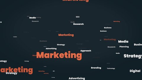 Marketing word cloud - flying through marketing related words - business SEO media advertising research strategy technology digital approach planning analytics branding words. Seamless Loop.