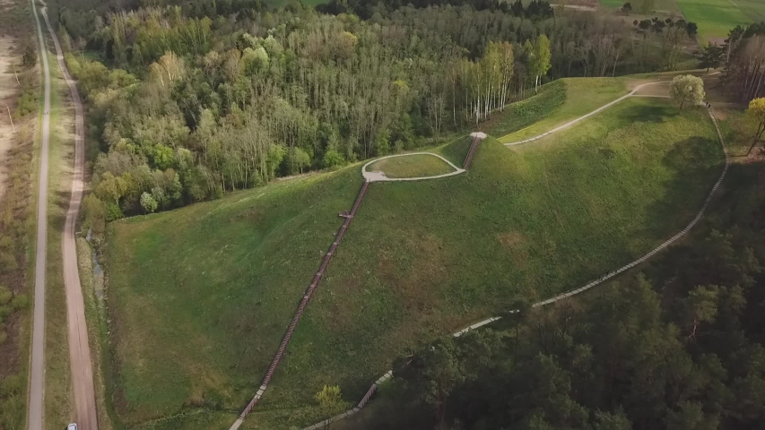 Aerial view of Pypliai mound, a historical site where a castle used to stand on top of the hill in medieval ages. 