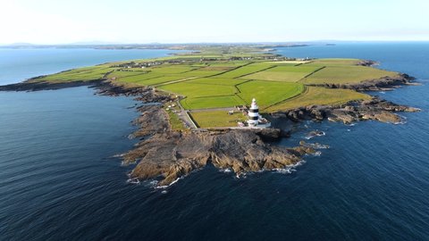 Ariel view of the Hook Lighthouse situated on Hook Head at the tip of the Hook Peninsula in County Wexford, Ireland.