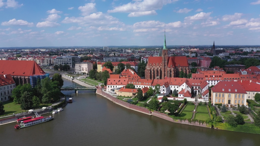 Wroclaw, Poland. Panoramic aerial view of Cathedral Island (Ostrow Tumski)
