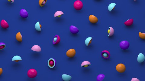 Colorful hemispheres and balls rotating. Blue background. Abstract animation, 3d rendering..	