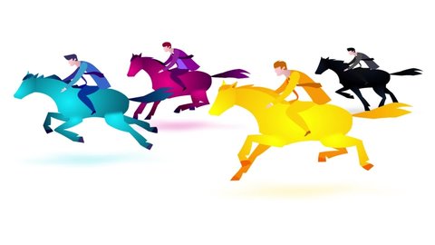CMYK riders cartoon version 1. Four businessmen riding colour vector horses. Business people. Animation good for business metaphor of printing process. Wector style illustration of idea.