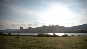 Cruas nuclear plant lateral traveling from the road HD crop - France