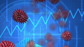 Animation of macro Covid-19 cells floating over data recording, statistics showing, stock market display. Finance business stock market global data processing concept digitally generated image. - Powered by Shutterstock - Get 15% off with code: PIKWIZARD15