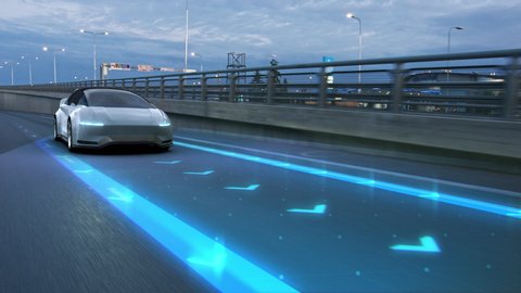 Futuristic Concept: Autonomous Self-Driving 3D Car Moving Through City Highway. Animated Visualization Concept: Sensor Scanning Road Ahead for Vehicles, Danger, Speed Limits. Day Urban Driveway