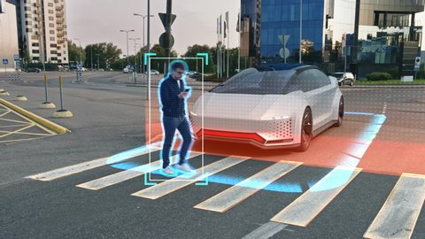 Self-Driving 3D Car Futuristic Concept: Person Steps on a Crosswalk, Autonomous Vehicle Stops Before Him. Visualization of Safety Features: , Detecting Pedestrian, Stopping before Scanned Crosswalk