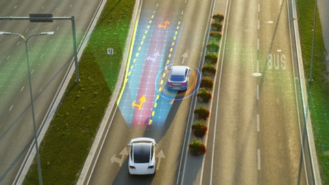 Futuristic Concept with Aerial Top Down Drone View: Autonomous Self Driving Car Moving Through City Highway, Overtaking Cars. Animated Visualization Concept: Sensor Scanning Road Ahead for Vehicles.