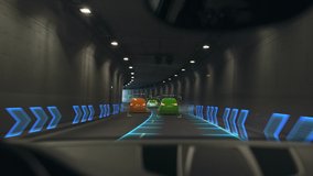 Futuristic Concept: Autonomous Self-Driving Car Moving Through Tunnel, Head-up Display HUD Showing Infographics: Speed, Distance, Navigation. Road Scanning. Driver Seat Point of View POV - Powered by Shutterstock - Get 15% off with code: PIKWIZARD15