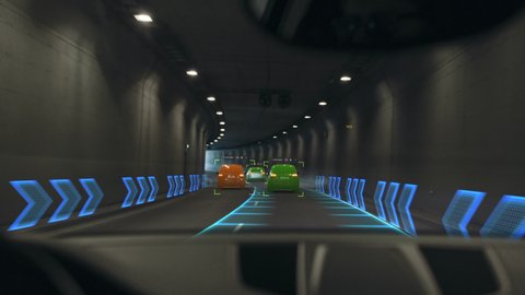 Futuristic Concept: Autonomous Self-Driving Car Moving Through Tunnel, Head-up Display HUD Showing Infographics: Speed, Distance, Navigation. Road Scanning. Driver Seat Point of View POV