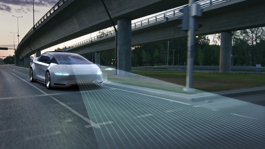 Futuristic Concept: Autonomous Self-Driving 3D Car Moving Through City Highway. Animated Visualization Concept: Sensor Scanning Road Ahead for Vehicles, Danger, Speed Limits. . Front Following View | Shutterstock HD Video #1056693617
