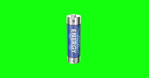 8 intro animations of a 3d alkaline battery. Charging or charge concepts, energy storage, volt electricity ,AAA type, on a green screen chroma key background.