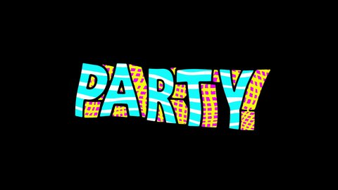 Seamless funny animation extruded letters in comic style, fluorescent textures and patterns. Party 3D text backdrop with a doodle cartoon illustration look in stop motion isolated with alpha channel