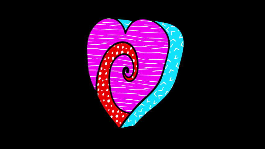 Seamless funny animation of extruded heart shape in comic style, fluorescent textures and patterns. 3D backdrop with a doodle cartoon illustration look in stop motion isolated with alpha channel. Royalty-Free Stock Footage #1056696893