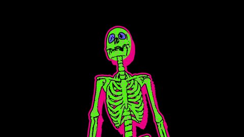 Dancing skeletons in comic style, fluorescent textures and patterns. Halloween zine culture video loop with a doodle cartoon illustration look in stop motion