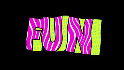 Seamless funny animation of extruded letters in comic style, fluorescent textures and patterns. Fun 3D text backdrop with a doodle cartoon illustration look in stop motion isolated with alpha channel.