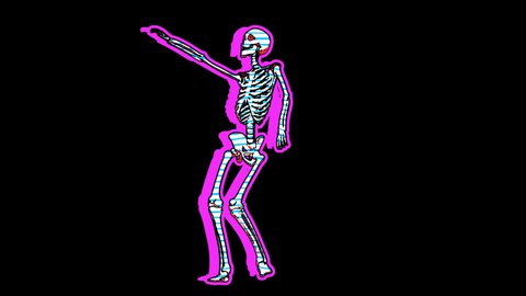 Sexy dancing skeleton in comic style, fluorescent textures and patterns. Halloween zine culture video loop with a doodle cartoon illustration look in stop motion isolated with alpha channel.