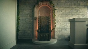 Video art. Beauty royal throne stands on pedestal arch. Chair overlord made iron bronze colored. Medieval vintage retro style. Backdrop ancient castle room, brick wall, green ivy. Soft orange lighting