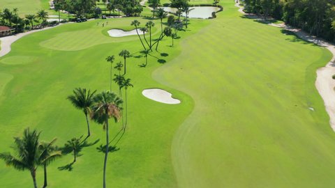 Aerial footage of people on a golf course playing the sport match in Miami, Florida, USA. Cinematic overhead view on active men playing the golf game on a sunny summer day. Background for business
