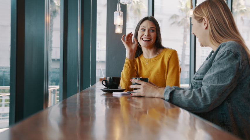 Two young women friends sitting at coffee shop having a coffee and chatting. Female friends meeting at cafe on a weekend. 
 | Shutterstock HD Video #1056702662
