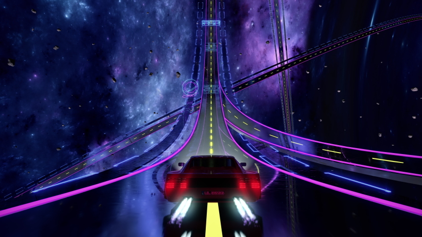 80s retro futuristic space drive seamless loop. Stylized cosmic highway in outrun VJ style with stars and planet. Vaporwave 3D animation background for music video, DJ set, clubs, EDM music