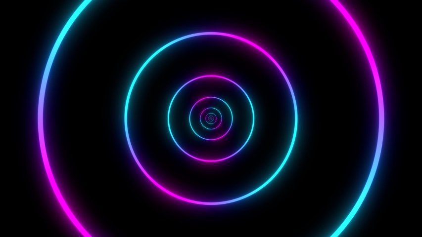 Moving through circles. Abstract colorful background in bright neon color. Modern colorful wallpaper. Loop animation. 3d rendering.